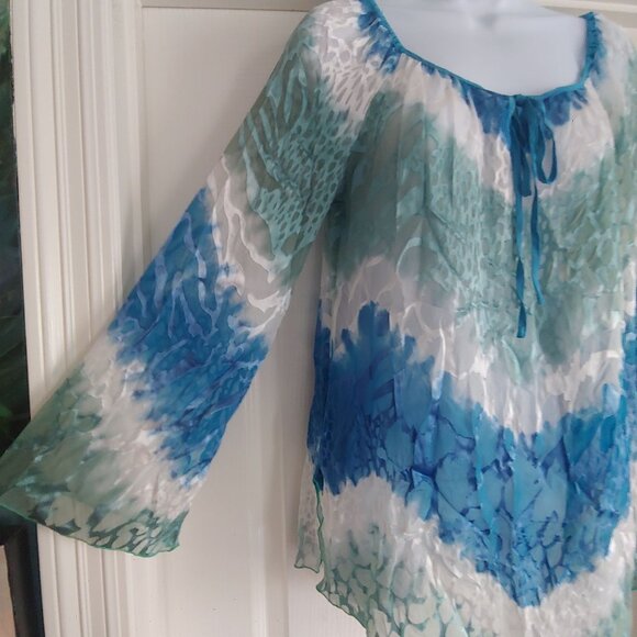 Hale Bob Silk Blend Burnout Velvet Sheer Coastal Flowy Silky Top S Oversize - Picture 9 of 12